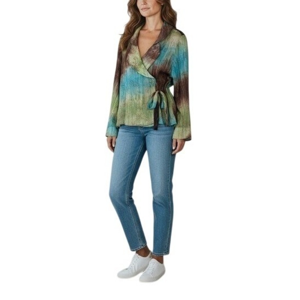 Y2K Vintage Whimsigoth Sheer Floral Embroidered Collared Wrap Blouse Green Blue